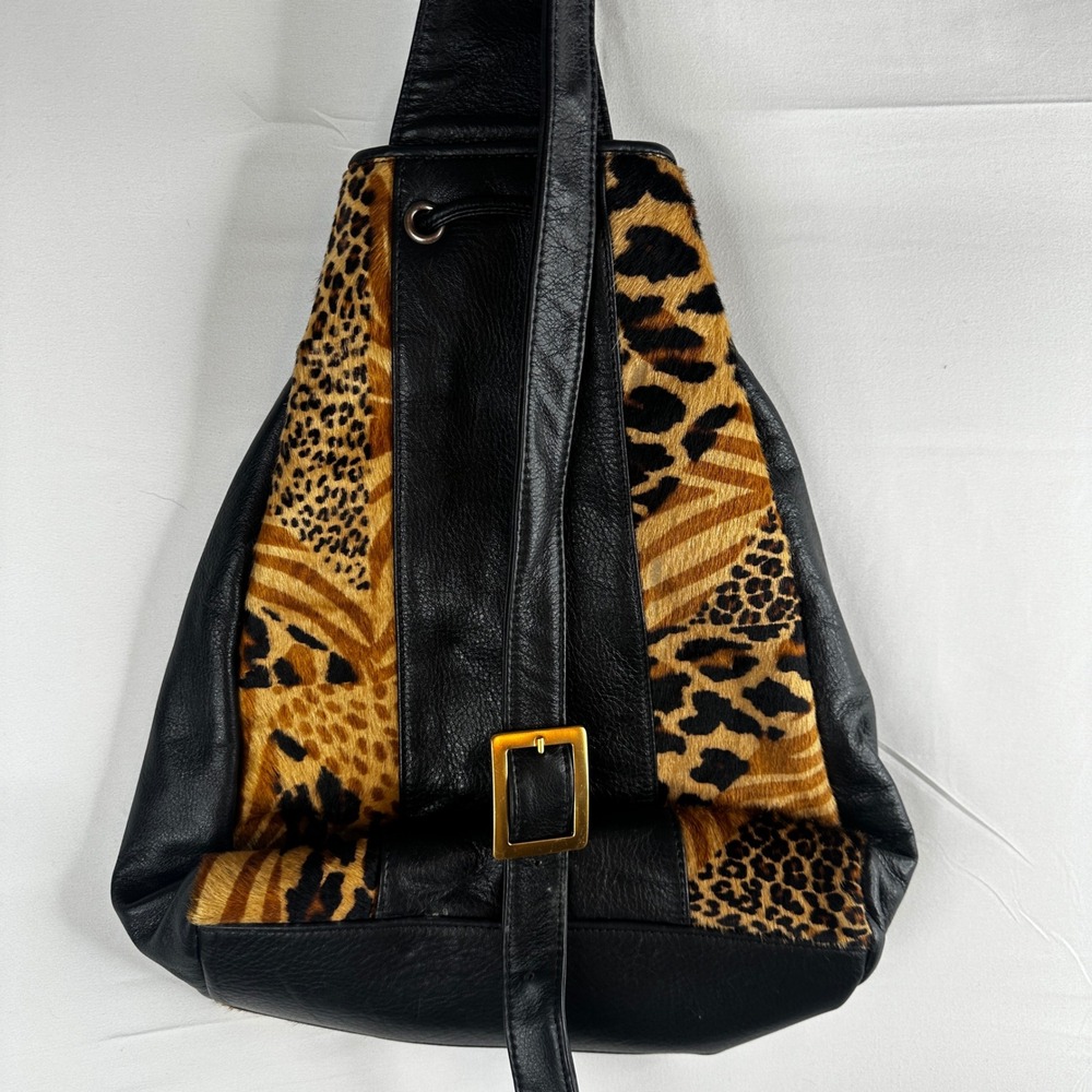 Cache Vintage Black Leather Animal Print Calf Hair Sling Backpack Made in Italy